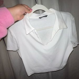White SHEIN Cropped Collared v neck top